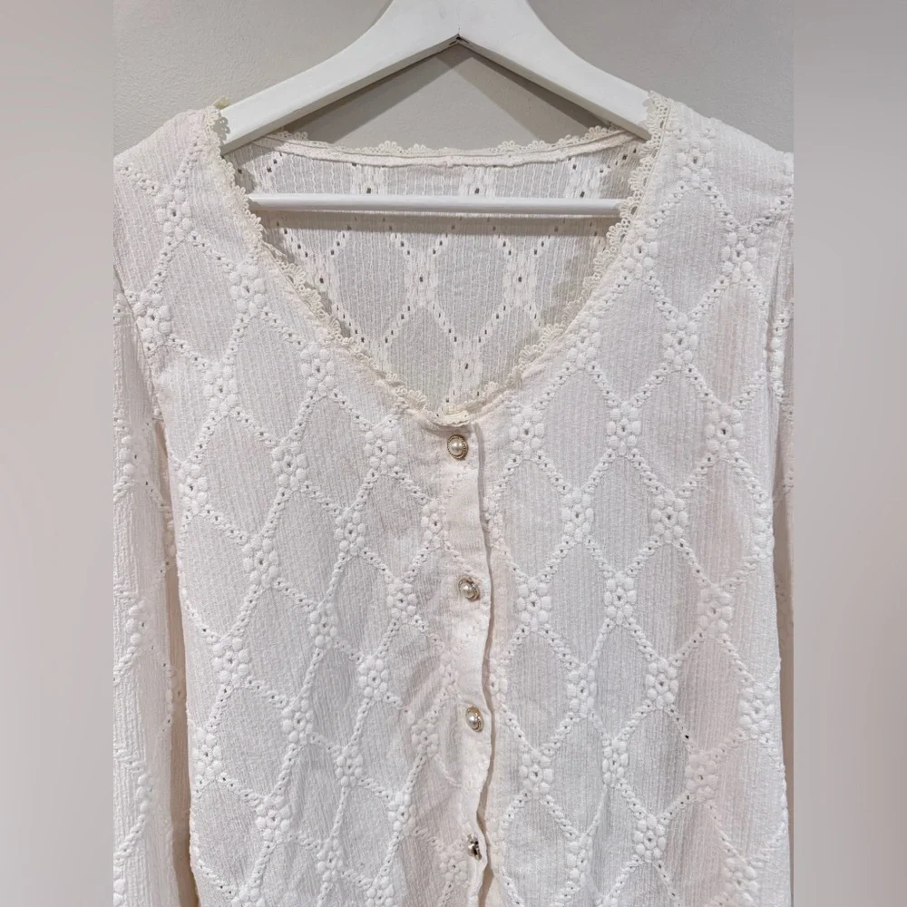 SHEIN Ivory Lace Button-Up Blouse - Picture 3 of 6